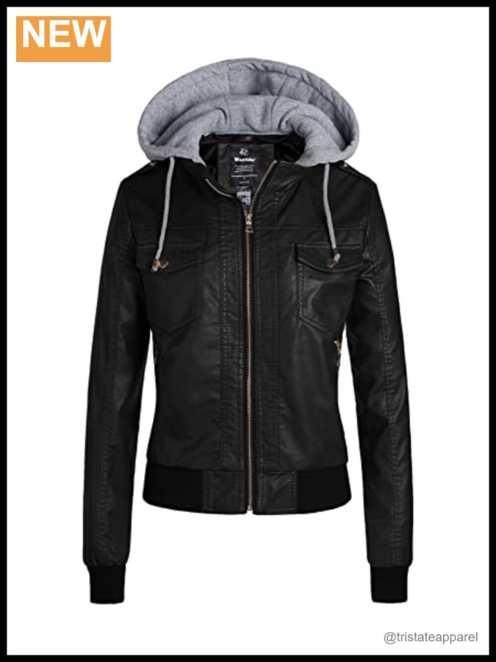 Faux Leather Moto Biker Jacket Detachable Hood Fitted